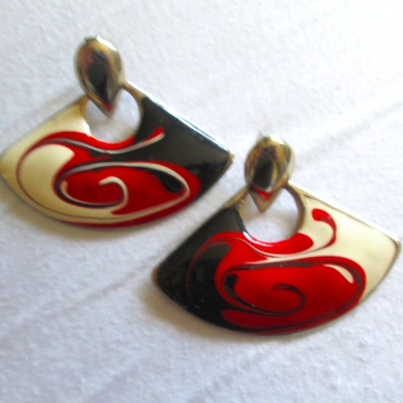 VINTAGE 80s new wave black Red pour paint swirl earrings - Picture 3 of 6